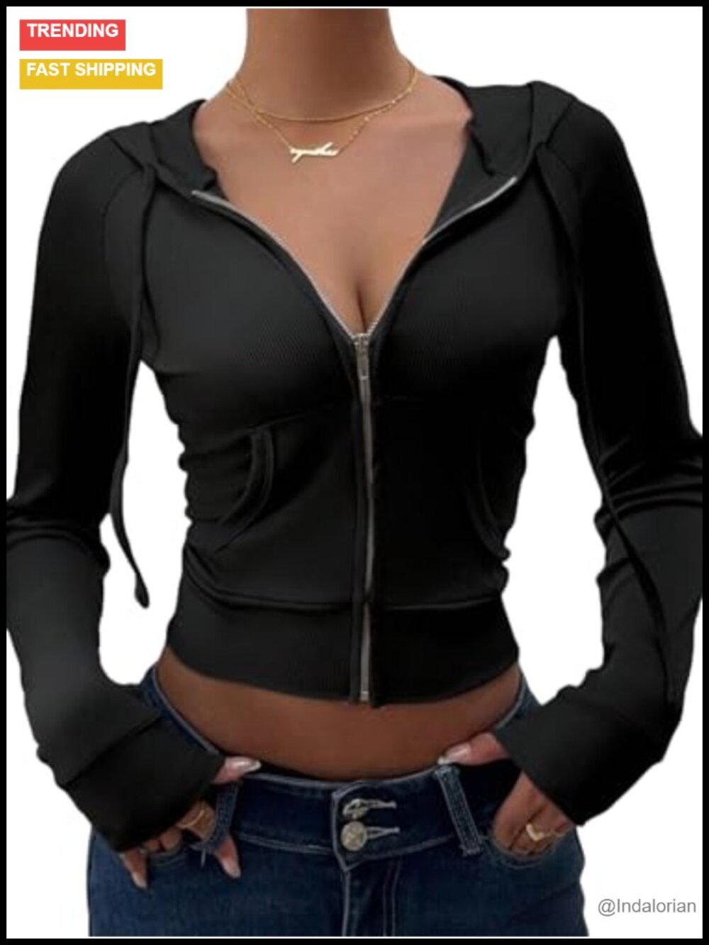 Y2K Crop Zip Up Hoodie Slim Fit Long Sleeve Sweatshirt with Pockets